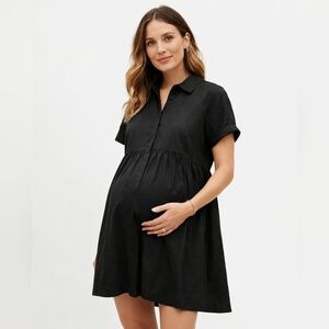 HATCH Maternity Black Mini Shirtdress Short Sleeve Button Front Tiered Sz 12-14